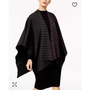 NWT $318 EILEEN FISHER Reversible Merino Wool Serape Poncho CHARCOAL/STRIPED